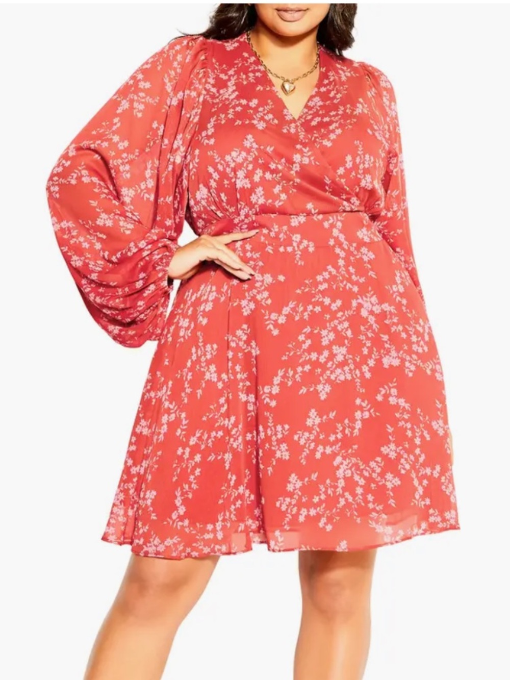 City Chic Floral Wrap Dress with Balloon Sleeves